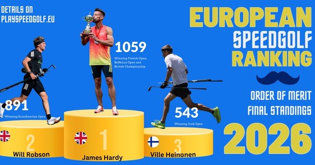 European Speedgolf Ranking 2026 final standings: 1 James Hardy 1,059, 2 Will Robson 891, 3 Ville Heinonen 543